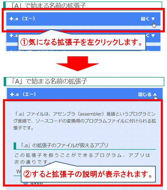 拡張子一覧から、拡張子の内容を見る方法を紹介した画像