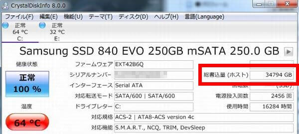 SSDの総書き込み量を表示した画面