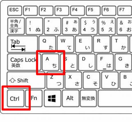 キーボードで「Ctrl+A」のキーの位置を示した画像